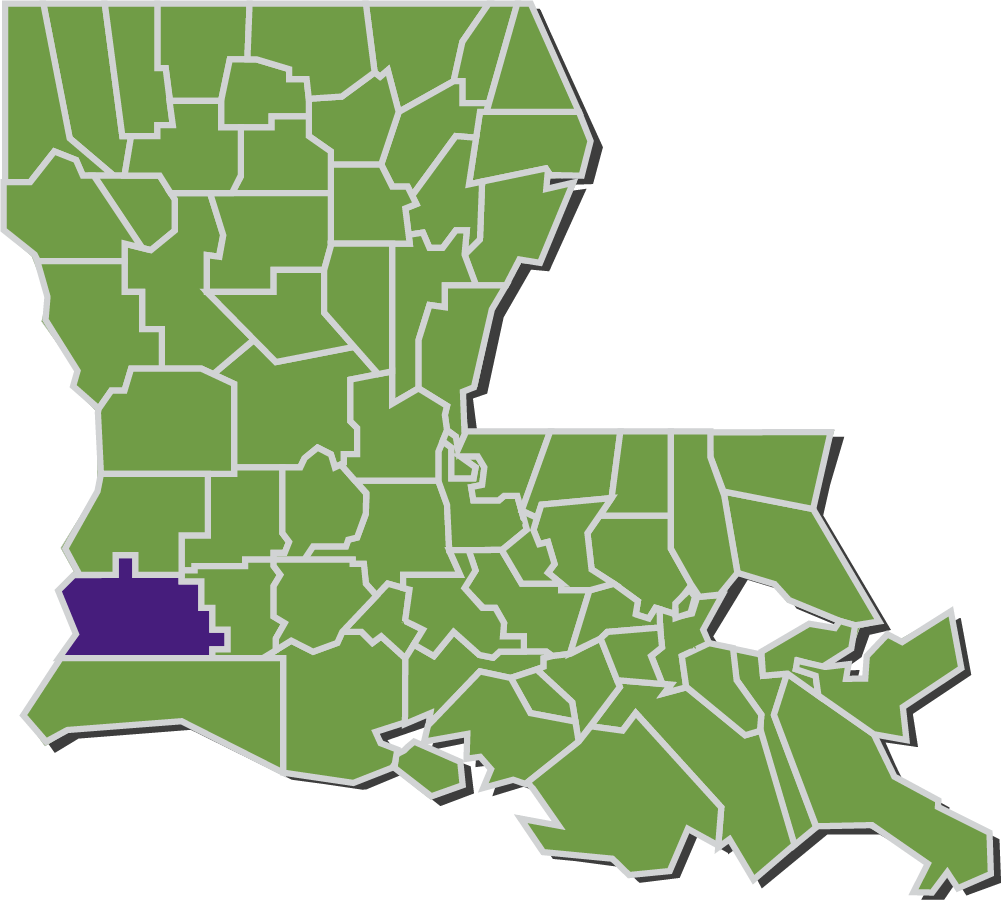 Map of Louisiana parishes with Calcasieu parish highlighted in purple.